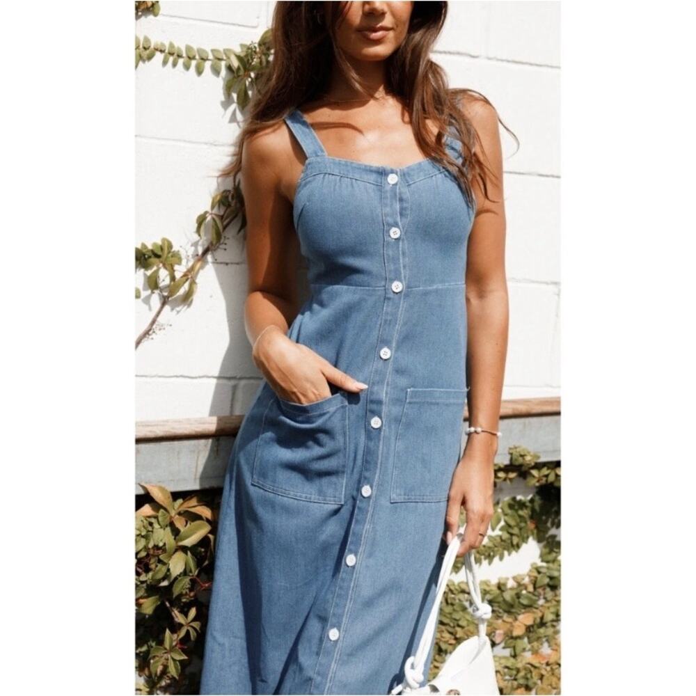 PETAL PUP NWOT Button Down Denim Midi Dress Size Small Preppy Boho Coastal - Picture 2 of 4